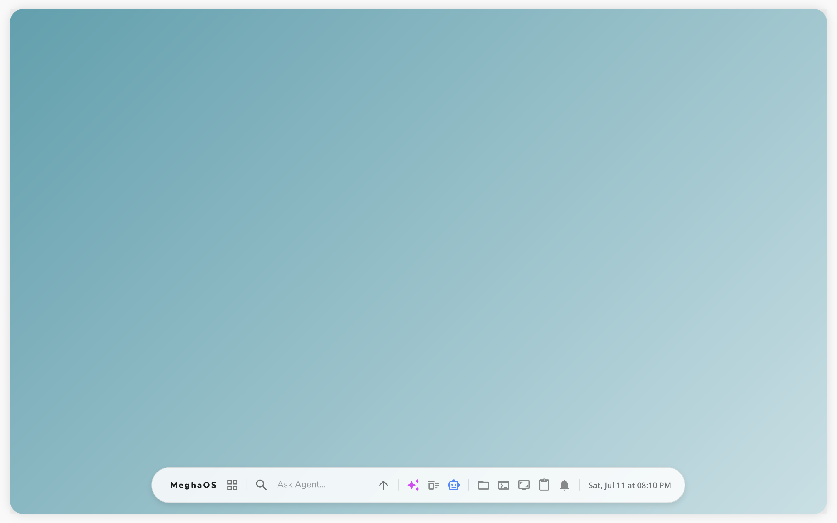 MeghaOS Desktop Environment: a living desktop where a central Agent Core composes live widgets — weather, charts, tasks, and focus stats — in real-time